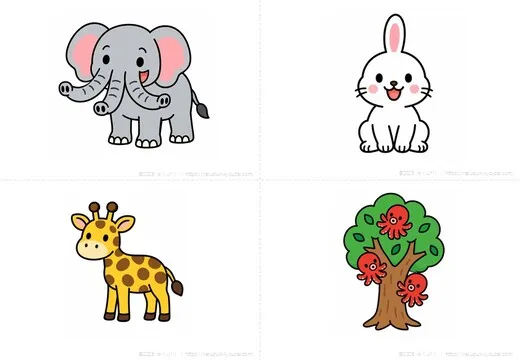 鼻が３個あるゾウ・耳が１つのウサギ・首が短い蛇・木にタコがいる不合理のイラストのサンプル